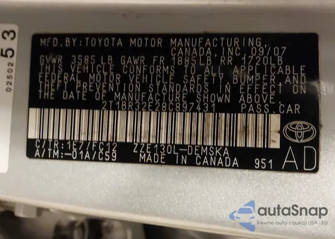 2008 Toyota Corolla S from USA, damaged, VIN 2T1BR32E28C897431